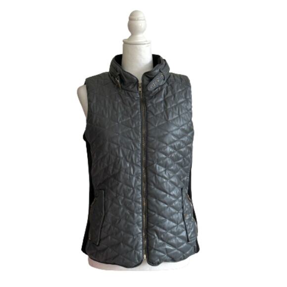 Poof Quilted Vest Deep Gray Faux Leather Quilted Knit Side Panel Pockets Small - Picture 3 of 11